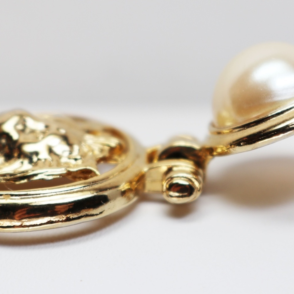 Simulated Pearl Cabochon Lion's Head Doorknocker Earrings - Picture 5 of 8